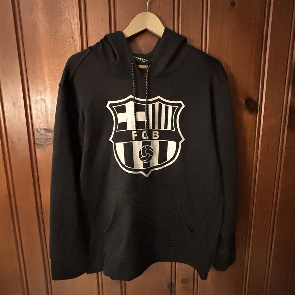 FCB FC Barcelona Hoodie Adult Medium Black‎ Silver Pullover Fleece Sweatshirt